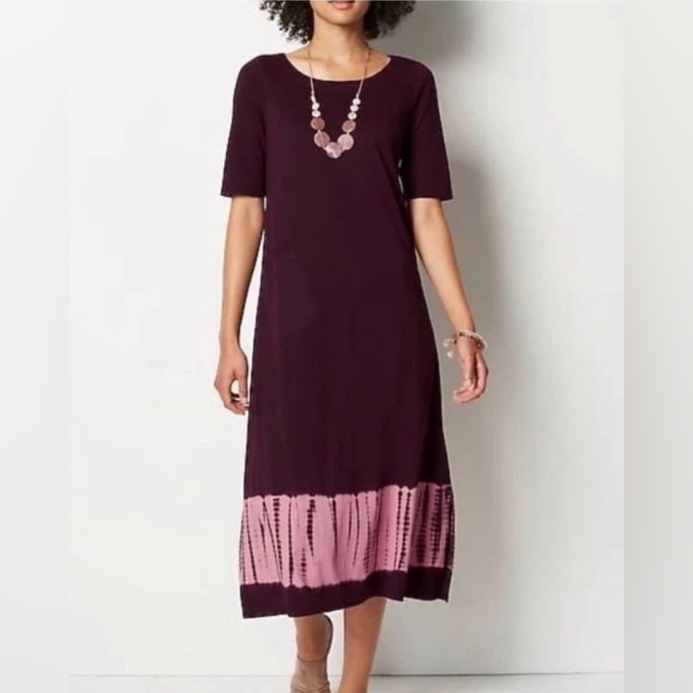 Women's Plum Short-Sleeve Midi Dress with Pink Hem Detail